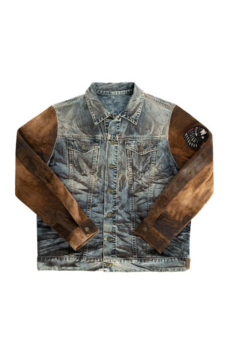 Mens Vintage Look Denim Jacket With Patches And Leather Sleeves In