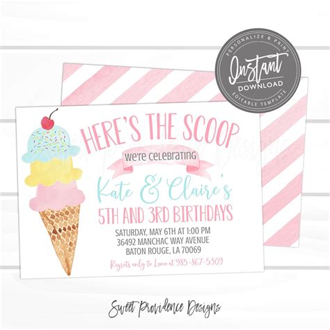 Ice Cream Sibling Birthday Party Invitation Joint Birthday Pink Ice