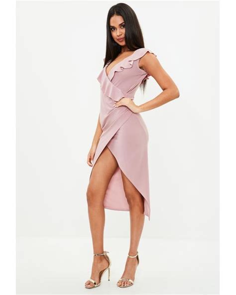 Missguided Pink Wrap Frill Midi Dress In Pink Lyst