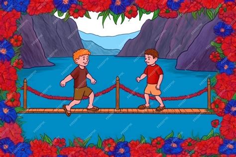 Premium Ai Image A Cartoon Of Two Boys Walking Across A Bridge With A