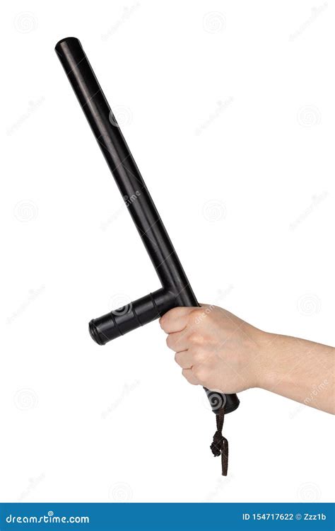 Bare Hand With Black Rubber Police Baton Isolated On White Background