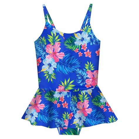 Girls Swimsuits Full Coverage One Piece Swimwear Suspender Floral