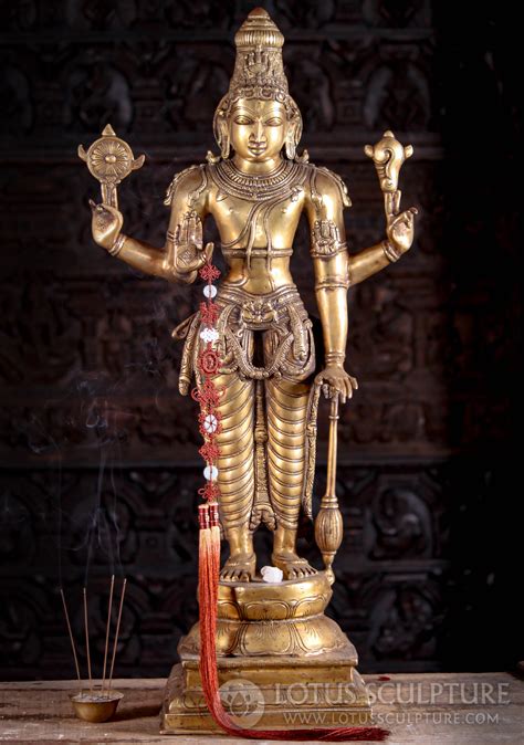 Polished Gold Brass Standing Vishnu Statue With Club Conch Discus