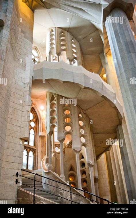 Low Angle View Of Spiral Staircase Inside Sagrada Familia Church Stock