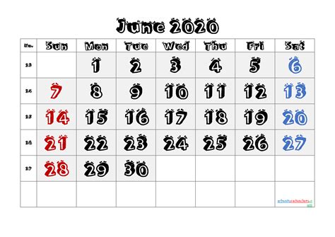 Printable Calendar June 2020 6 Templates