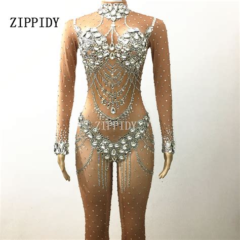 Sparkly Crystals Nude Jumpsuit Stretch Stones Outfit Celebrate Bright Rhinestones Bodysuit