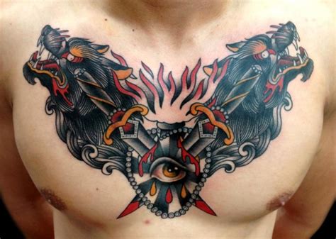 American Traditional Style Colored Chest Tattoo Of Crossed Daggers And