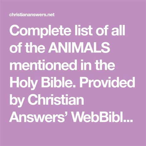 Complete List Of All Of The Animals Mentioned In The Holy Bible