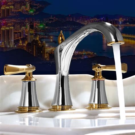 European Luxury Chrome Gold Brass Double Handle Three Holes Widespread