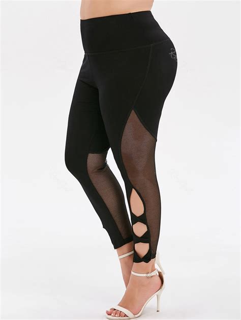 OFF Plus Size Twist Cut Out Mesh Panel Ninth Leggings Rosegal