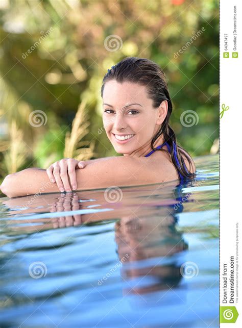 Portrait Of Beautiful Young Woman In Swimming Pool Stock Image Image