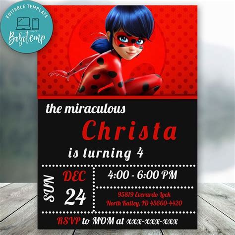 Editable Miraculous Ladybug Birthday Party Invitation Diy Bobotemp