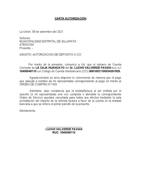 Carta Autorizacion Cci Pago Servicio Coordinacion Administrativa Pdf