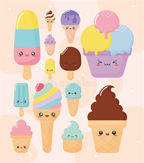 Kawaii Ice Creams Stock Vector Illustration Of Happy