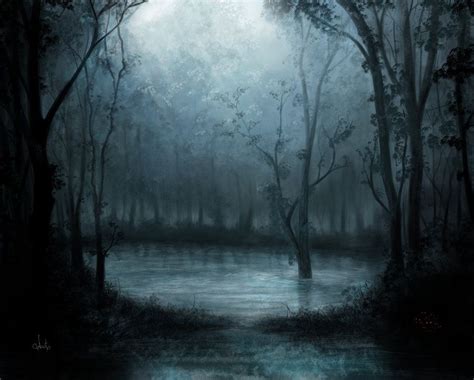 A Painting Of A Dark Forest With Trees And Water In The Foreground At Night