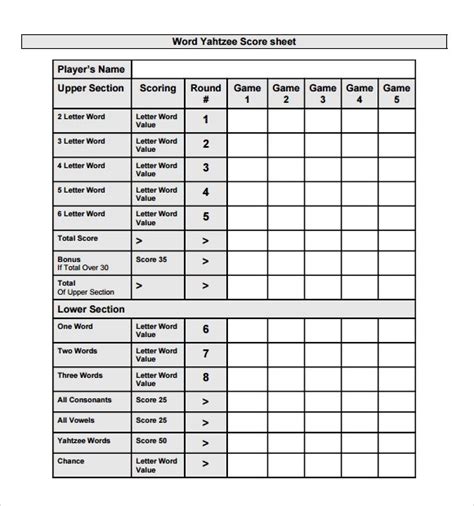 Printable Yahtzee Score Sheets Pdf Word Excel Formats Best Templates Yatzee Score Sheets