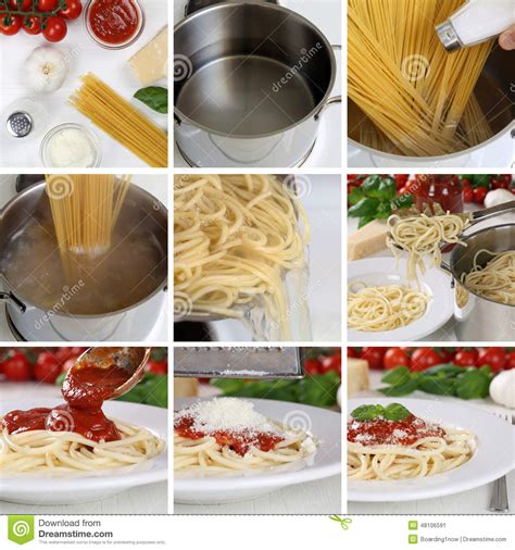 Cooking Spaghetti Noodles Pasta with Tomato Sauce and Basil Step Stock ...