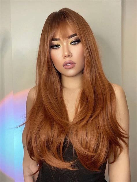 Natural Long Straight Synthetic Wig Rust Brown With Bangs Etsy Colores De Cabello Rojizo