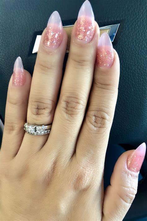 Pink Powder Acrylics Almond Nails With Rose Gold Glitter Rose Gold