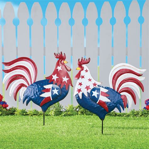 Left And Right Facing Patriotic Rooster Lawn Stake Collections Etc