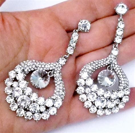 Drag Queen Clear On Silver Chandelier Earrings Rhinestone Crystal