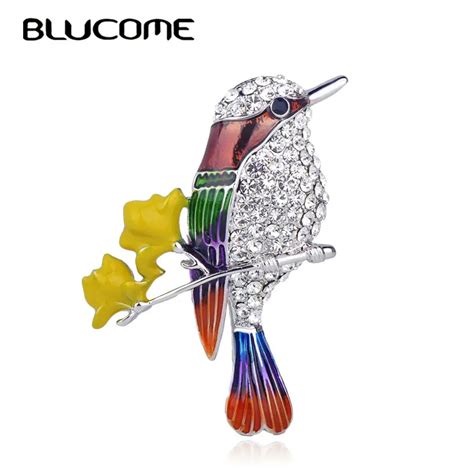 Blucome Classic Flower Magpie Bird Shape Brooches Crystal Enamel