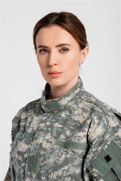 Woman In Military Uniform On Grey Stock Image Image Of Soldier Isolated 212234953
