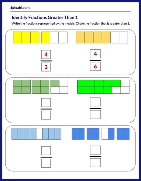 Identify Fractions Greater Than 1 Using Models Math Worksheets