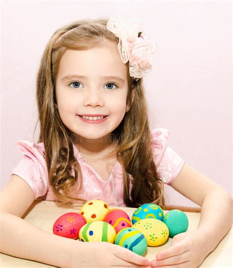 Smiling Little Girl With Colorful Easter Eggs Stock Photo Image Of