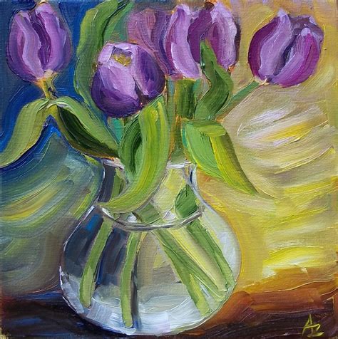 Azras Painting A Day Purple Tulips In Glass Vase