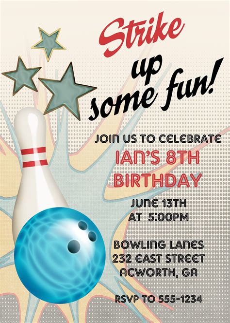 A Bowling Ball And Pins Birthday Party Card With The Words Strike Up