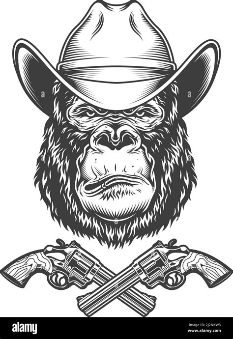 Vintage Gorilla Head In Cowboy Hat With Crossed Revolvers Isolated