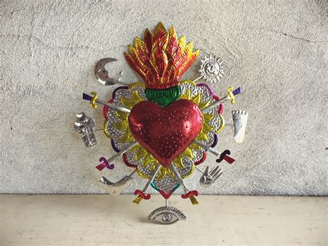 Large Mexican Tin Sacred Heart Milagro Ex Voto Wall Hanging Mexican