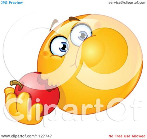 Cartoon Of A Hungry Smiley Emoticon Eating An Apple Royalty Free