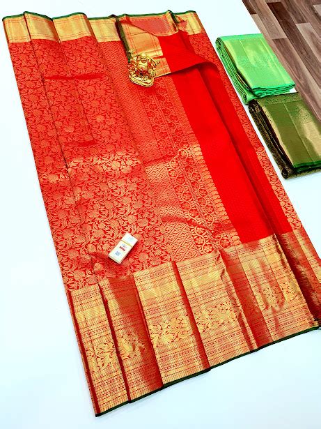 High Look Pure Kanjivaram Wedding Silk Sarees Chilli Red Color Full