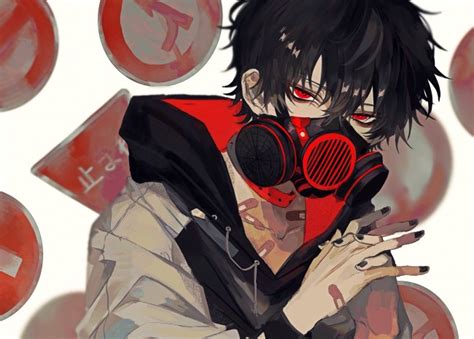 Wallpaper Anime Boy Gas Mask Red Eyes Black Hair Hoodie Wallpapermaiden