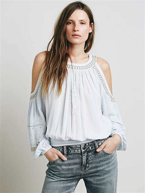 Free People Womens Embellished Banded Open Shoulder Top In Blue Lyst