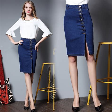 High Waist Denim Skirt Women 2018 Summer Short Jeans Skirts Knee Length Pencil Skirts Split