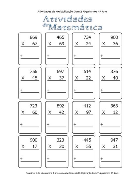 Atividades De Multiplicação Com 2 Algarismos 4º Ano Exercício 1