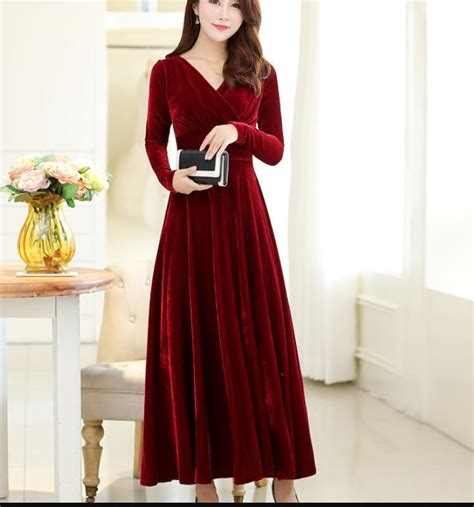Wine Red A Line Long Sleeves Winter Dresses Women Long Dresses Velvet