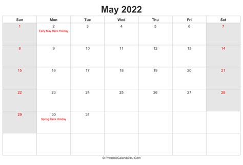 May 2022 Calendar with UK Bank Holidays highlighted (Landscape Layout)