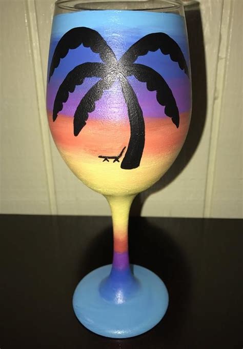 Tropical Palm Tree Hand Painted Wine Glass Summertime Glass Vacation