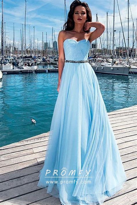 Simple Sky Blue Pleated Chiffon Strapless Full A Line Long Prom Dress