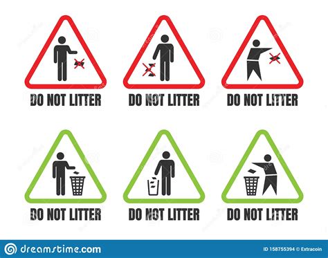 We should not throw rubbish like plastics,tyres,metal cans etc. Do Not Litter Triangle Signs Set, Keep Clean Icons Stock ...
