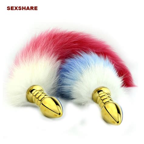 Gold Screw Thread Stainless Steel Butt Plug Cat Tail Anal Plug Faux Fox