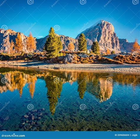 Amazing Autumn Scene Of Limides Lake And Lagazuoi Mountain Sunny