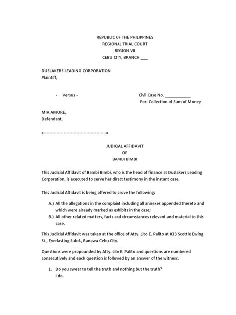 Sample Judicial Affidavit Affidavit Perjury