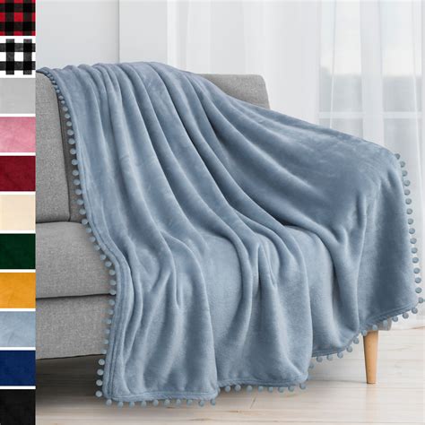 Pavilia Fleece Throw Blanket With Pom Pom Fringe Dusty Blue Flannel Throw Super Soft