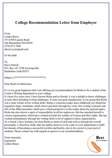 College Recommendation Letter from Employer-01 – Best Letter Template