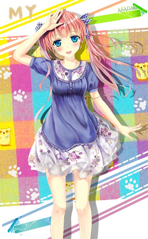 Safebooru 1girl Abstract Background Absurdres Blue Eyes Blush Breasts Dress Floral Print Hair